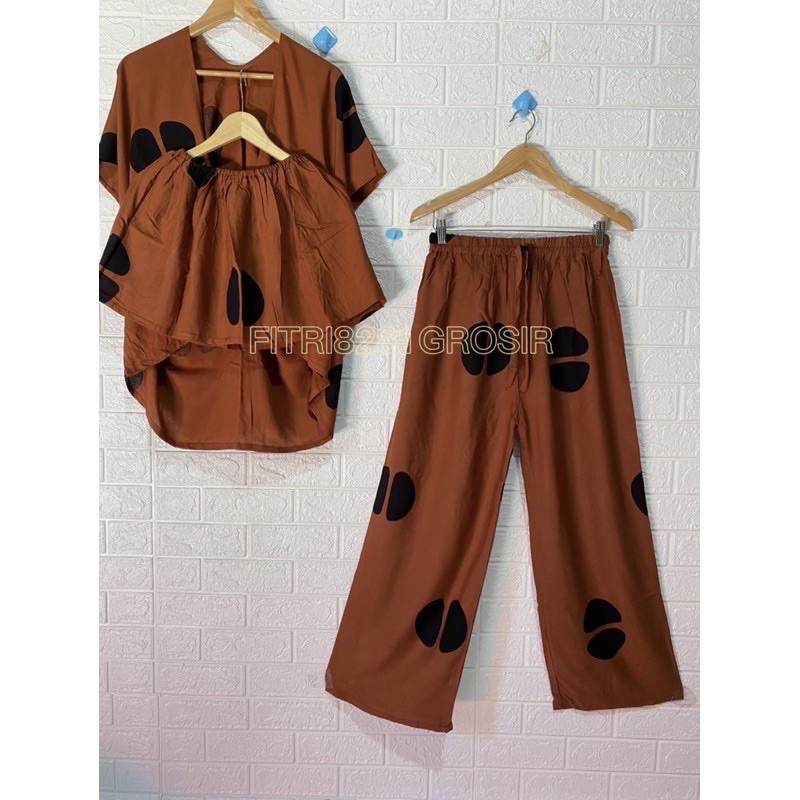 SETELAN AUTER + KEMBEN +CELANA MOTIF POLKADOT KAIN RAYON ADEM NYAMAN DI PAKAI