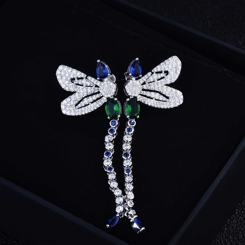 Colorful Moissanite Dragonfly Shape Long Sterling Silver Needle Stud Earrings