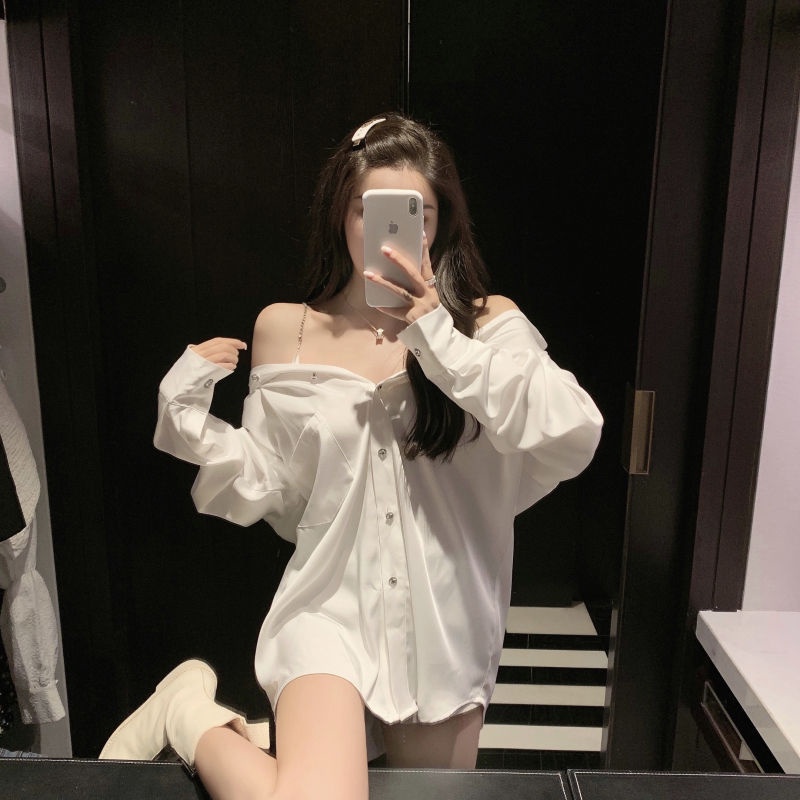 Shifon blus gaun off-the-shoulder klub malam seksi longgar untuk pertama kalinya kemeja tabir