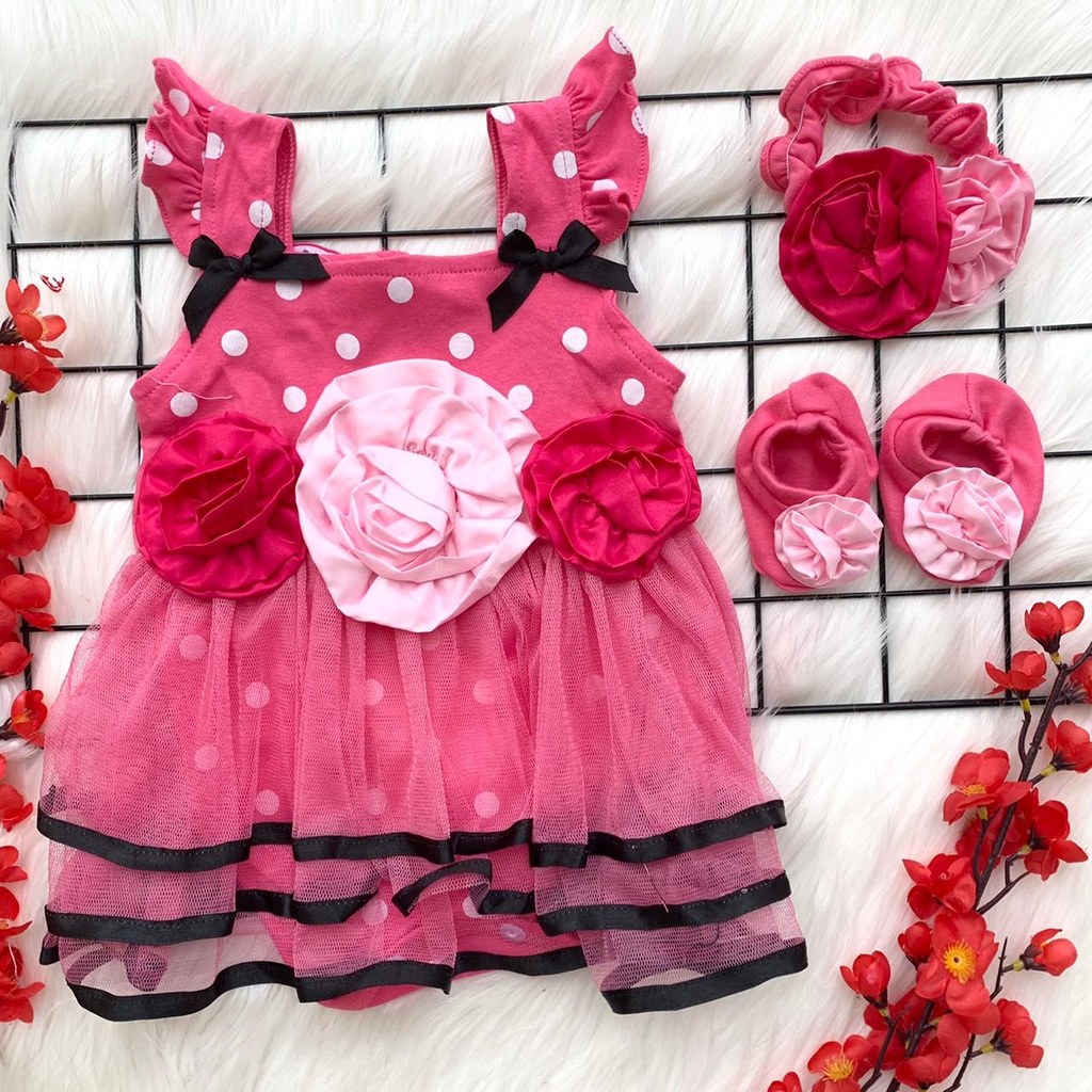 Baju jumper tile lucu free bandana booties sepatu motif bunga 3D baby girl bayi perempuan pergi jalan murah kekinian jalan-jalan cantik -gwen