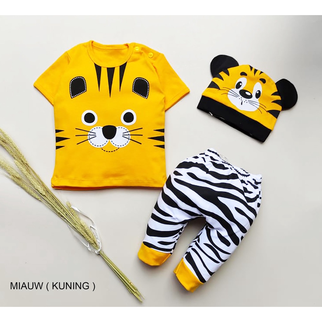 Setelan Baju Bayi Laki-Laki atau Perempuan Pakaian Anak Miauw Free Topi / 1 Ukuran