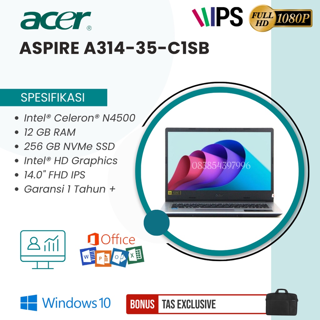 LAPTOP ACER ORIGINAL ASPIRE A314-35-C1SB [CELERON N4500 / 12 GB DDR4 / 256 GB + SLOT HDD / 14&quot; FHD IPS / SILVER / FREE INSTALL WINDOWS 10 SIAP PAKAI / FREE TAS EXCLUSIVE] - TEKNO KITA