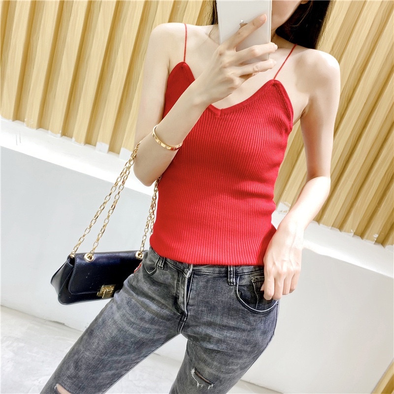 T968 • Korea Knit Tank Top • Kamisol Rajut • Tanktop Polos Tali Spaghetti • Fashion Wanita-Merah