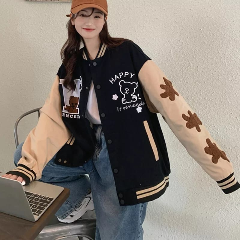 V HAPPY JAKET BASEBALL VARSITY OVERSIZE WANITA - JAKET WANITA KOREAN STYLE