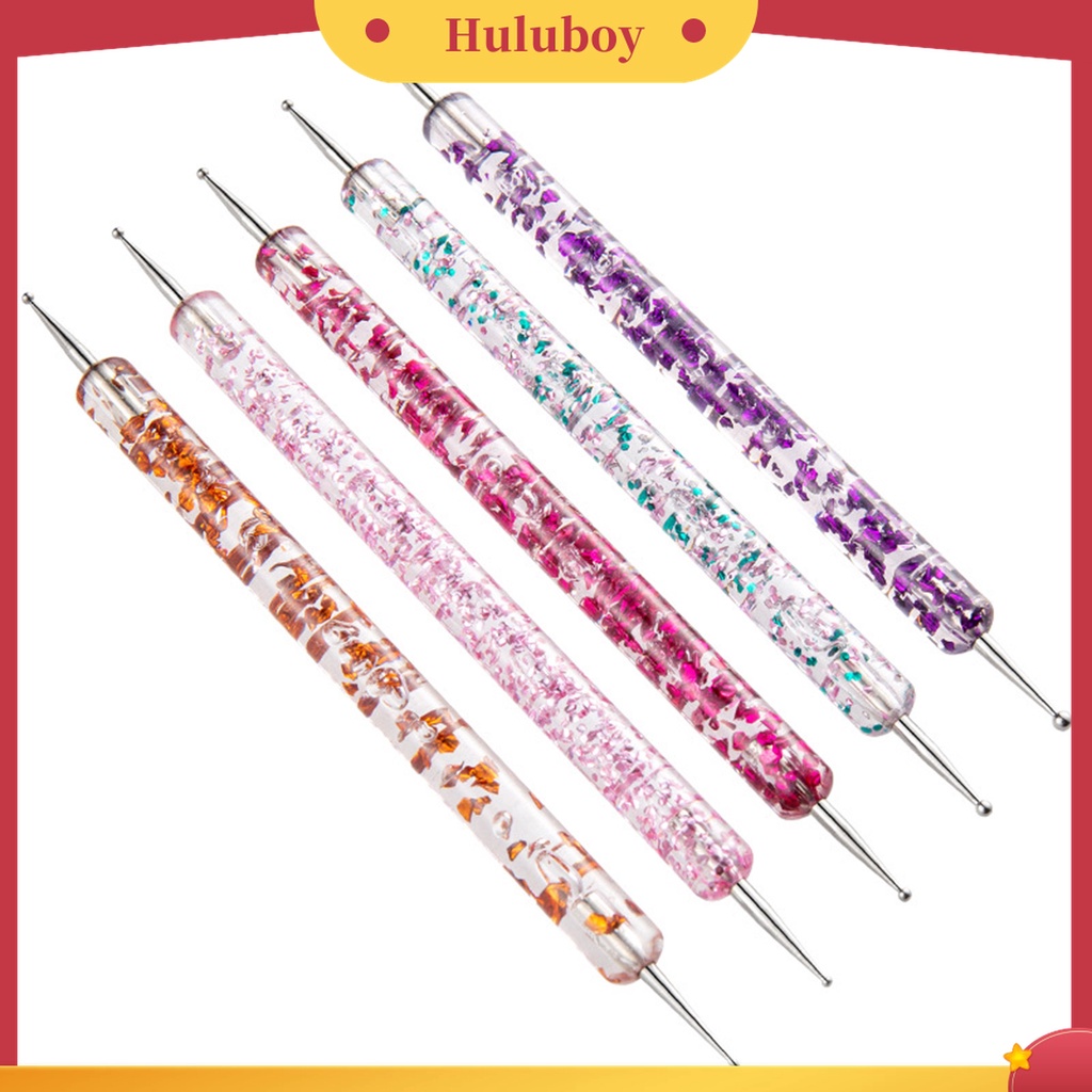 Huluboy Huluboy♡ 5pcs / Set Dotting Pen Kepala Ganda Bahan Akrilik UV Gel Motif Print Bunga Untuk Manicure