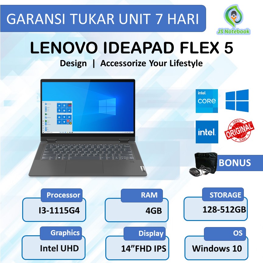 Lenovo Ideapad Flex 5/5i 14 2in1 i3 1115G4 4GB 128GB/256GB SSD 14.0FHD IPS - Windows 10 Home - Touch
