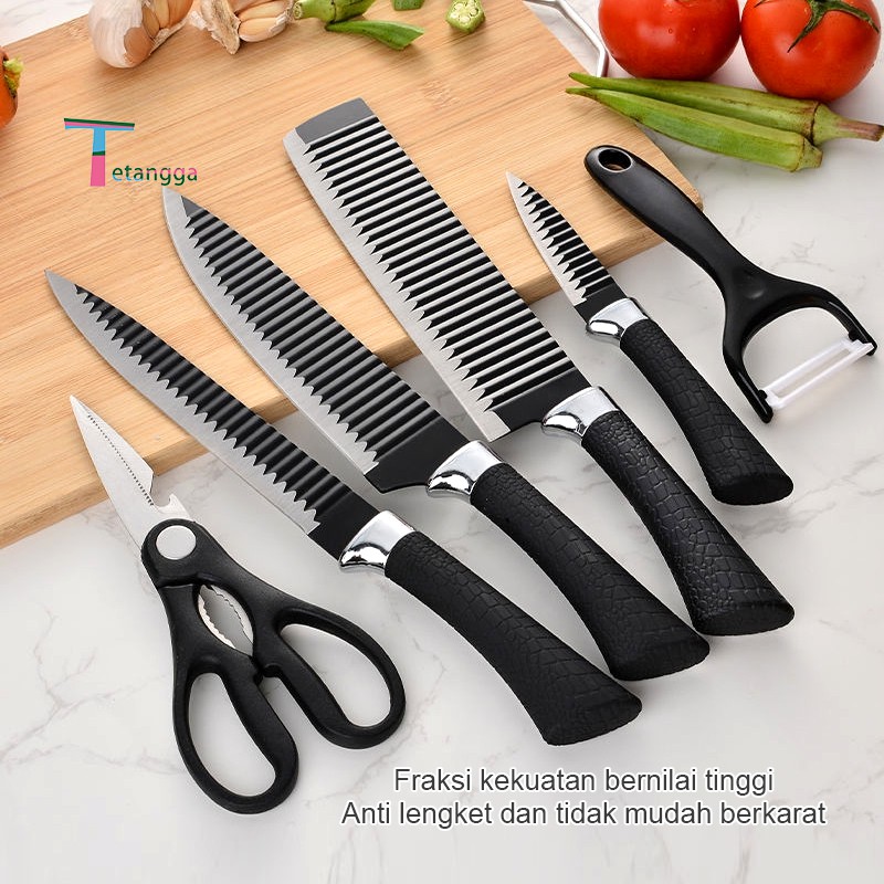 Set Pisau Dapur isi 6pcs Hitam Pisau Set 6 pcs Black Pemotong Gelombang Baja  Tahan Karat/VS 1813