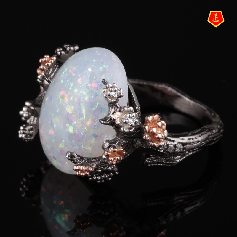 [Ready Stock]Creative Elegant Flowers Opal Ring Black Gold Color Separation