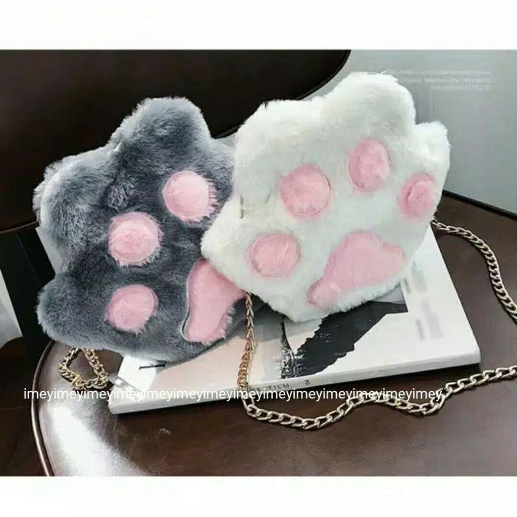 Tas Selempang Kaki Cat / Tas Bulu / Tas Wanita Bahan Bulu Tali Rantai Motif Kaki Kucing