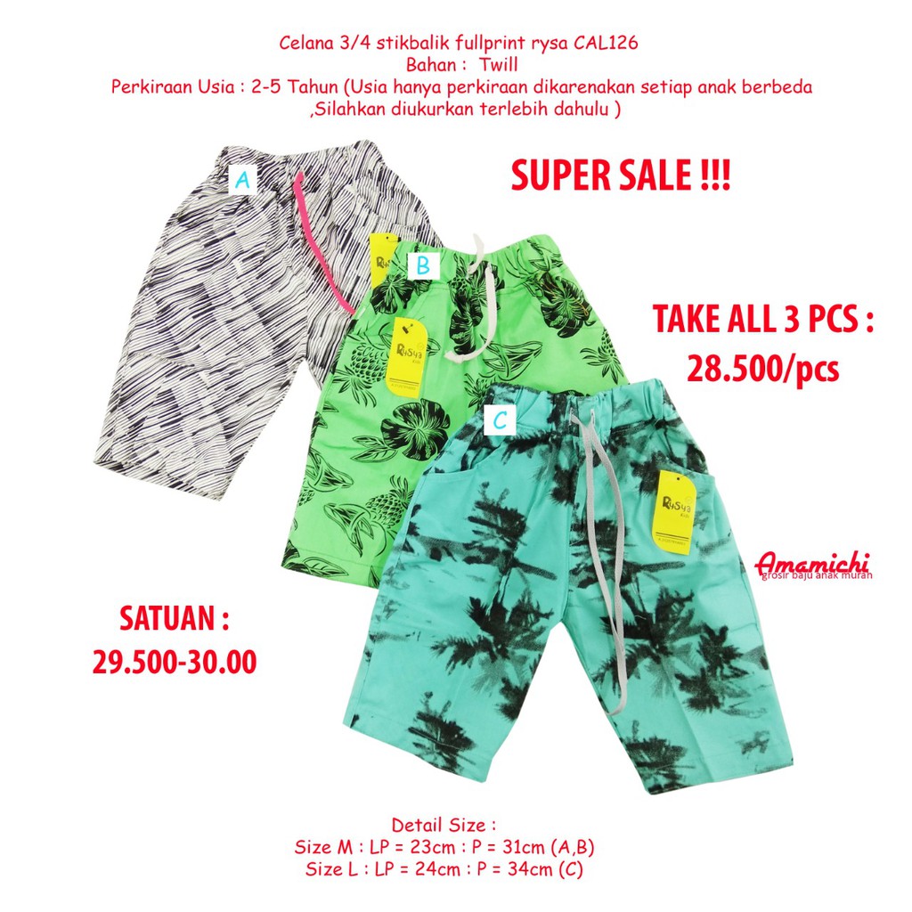 DISKON 3PCS GROSIR Celana  3 4 Stik  Balik  Fullprint Rysya 