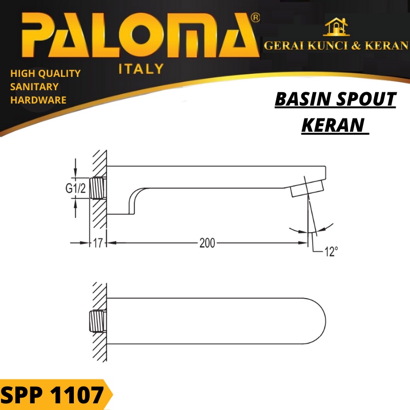 SPOUT KERAN TANAM PALOMA SPP 1107 BASIN BATH KAMAR MANDI BRASS CHROME