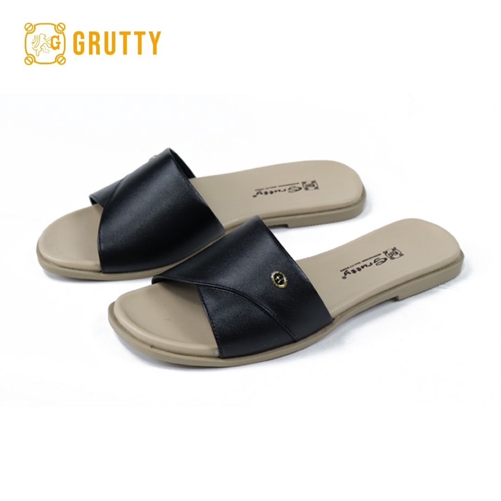 Sandal Wanita Flat Kulit Asli Slide Sandal Teplek Grutty DD120 Hitam