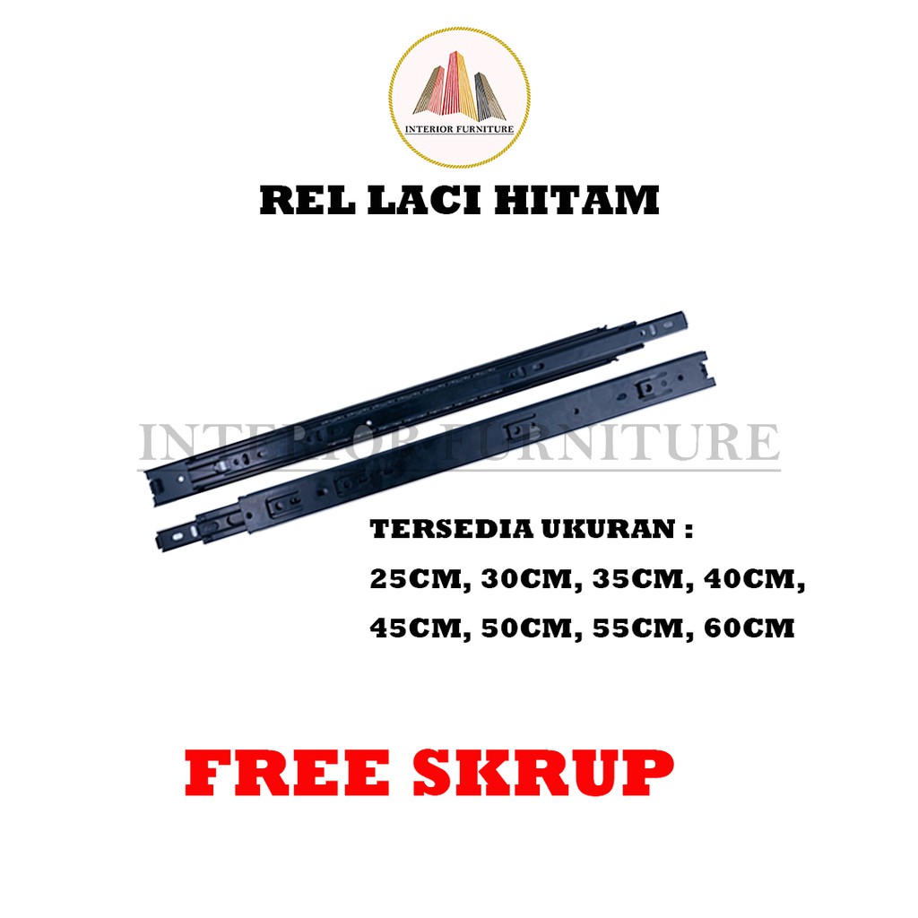 Rel Laci Double Track Hitam 25 cm Full Extention 2x Tarikan