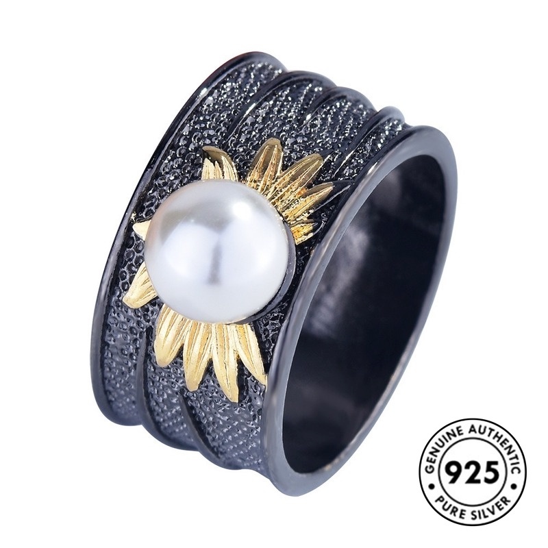 Cincin Desain Bunga Matahari Aksen Mutiara Bahan S925 Silver Gaya Gothic