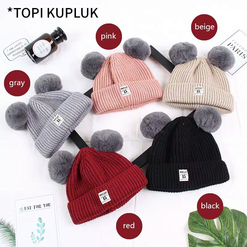 Topi Kupluk Rajut Anak / Bayi Telinga Pompom Bahan Hangat Moonlight [2035]