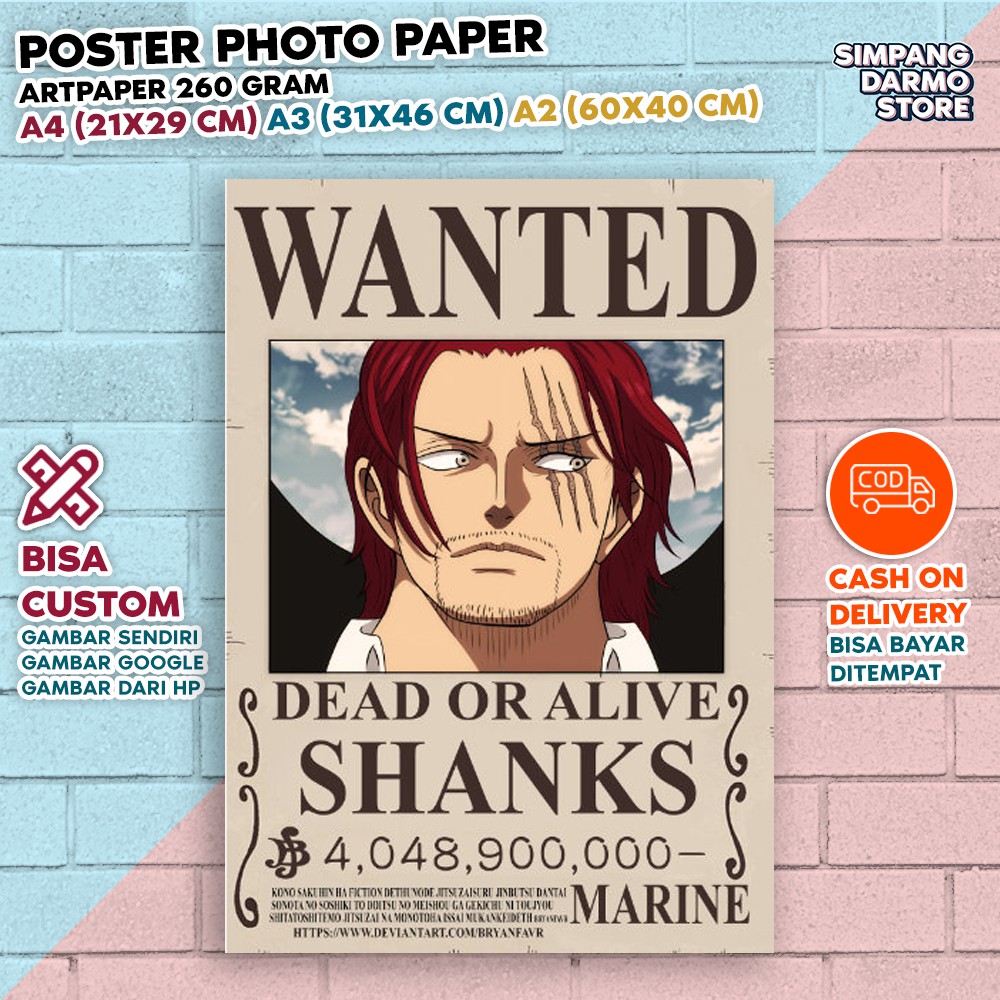 Poster Buronan Shanks Yonko Terbaru Shank Bajak Laut Rambut Merah Foster Wanted Bounty One Piece