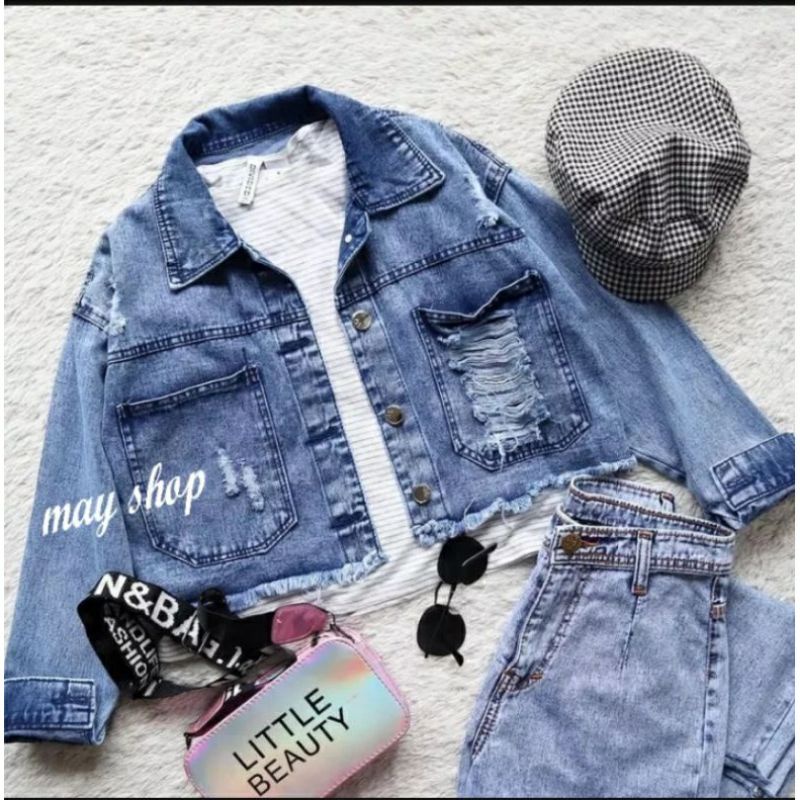 jaket jeans rawis fashion distroy/ Ripped Crop Jacket Jeans Sobek Robek Ripped Wanita Crop Top Rawis Jins Denim Cewek Sobek Korean Style Kekinian