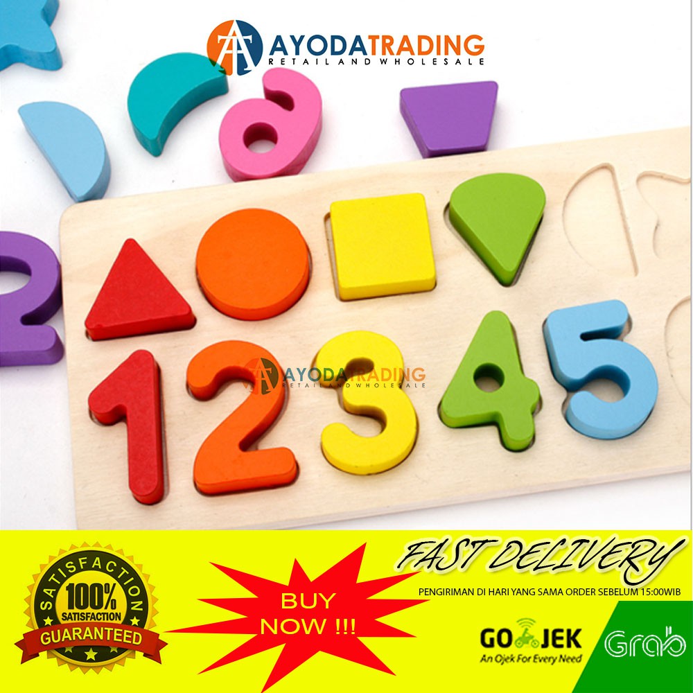 Montessori Wooden Number Shape Blocks Board Belajar Angka dan Bentuk