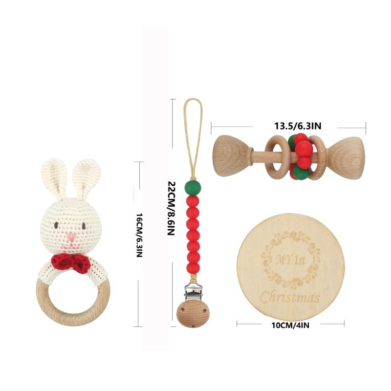 Zzz 4Pcs / Set Mainan Rattle / Teether + Klip / Jepit Bahan Kayu Untuk Bayi