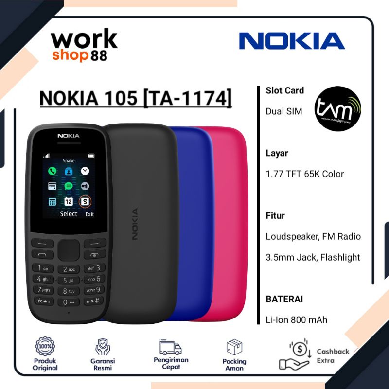 HP Baru Nokia 105 Dual Sim TA-1174 - New TAM Garansi Resmi 1 Tahun - Handphone Smartphone Biasa Jadu