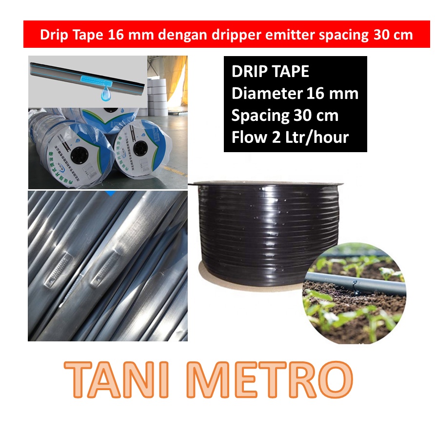 Selang Drip Tape 16 mm, Emitter spacing 30 cm. Drip irrigation.