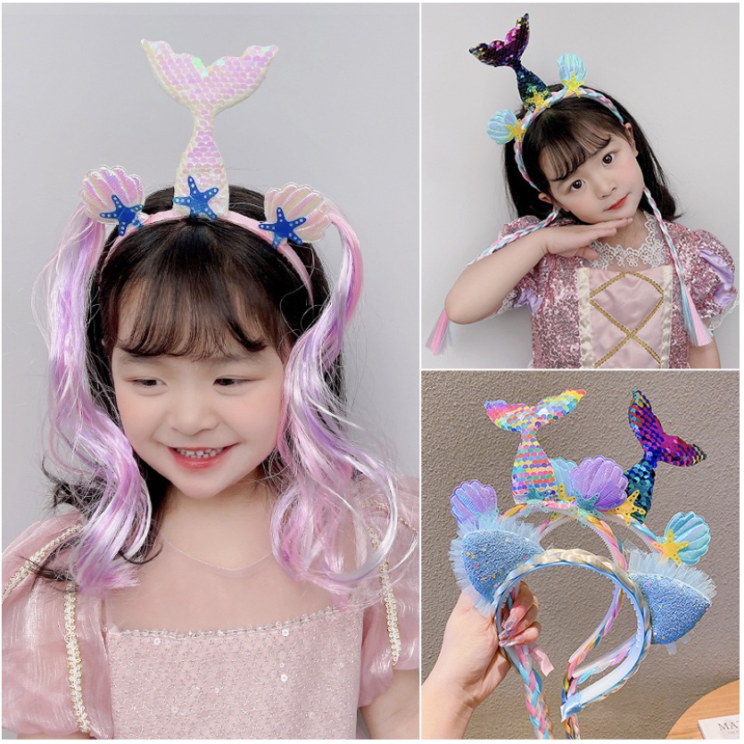 babyfit bando kepang LED anak perempuan bando lampu dengan rambut ekstension mermaid unicorn pn-930