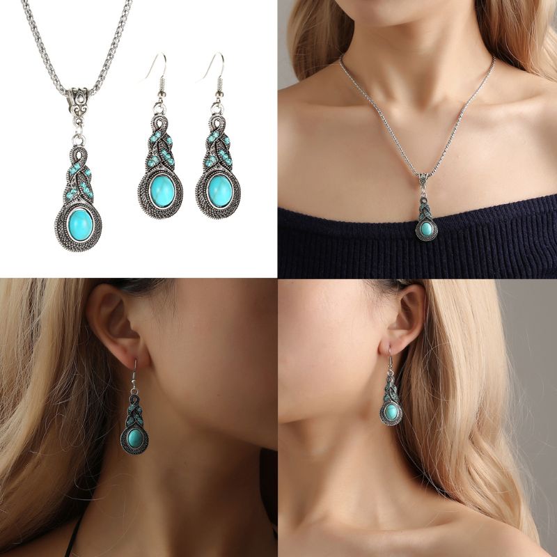 SIY  Ethnic Blue Stone Jewelry Sets Tibetan Silver Turquoise Necklace Earring Jewelry