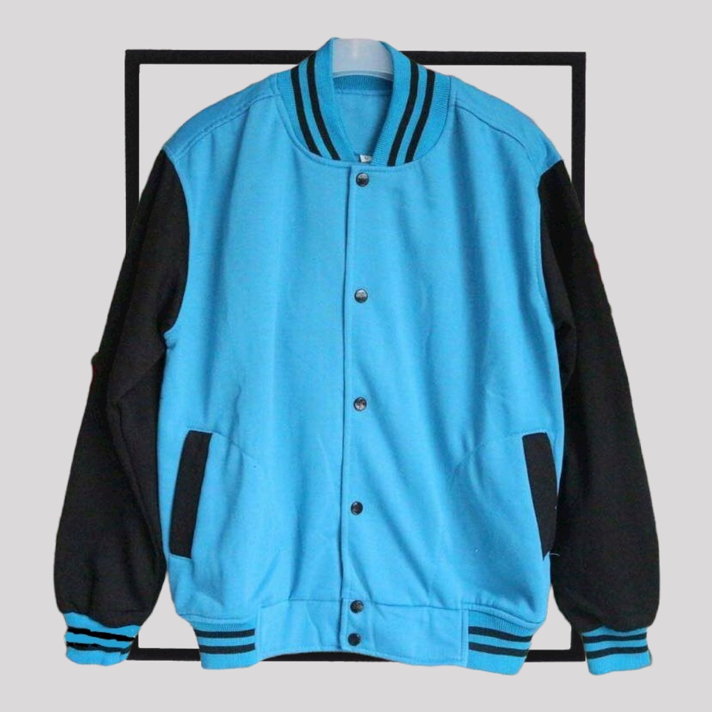 SWEATER_ID Jaket Baseball Turkis-Hitam Polos Unisex