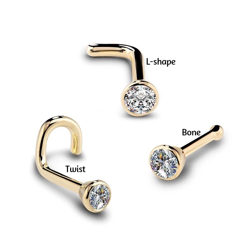 1 Set Pack  Zircon Gem Bone Nose Stud Piercing Earring / Round Diamond CZ Nose Rings