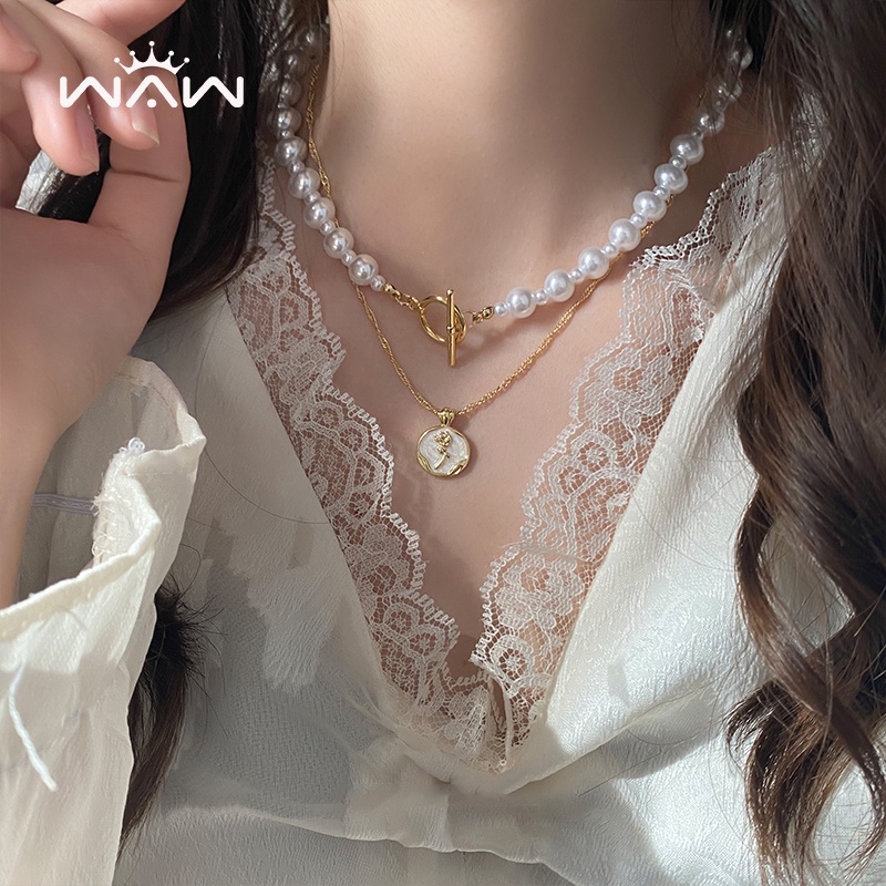 AY(CN) Kalung Choker Rantai Ganda Hias Liontin Mutiara Warna Rose Gold Untuk Wanita