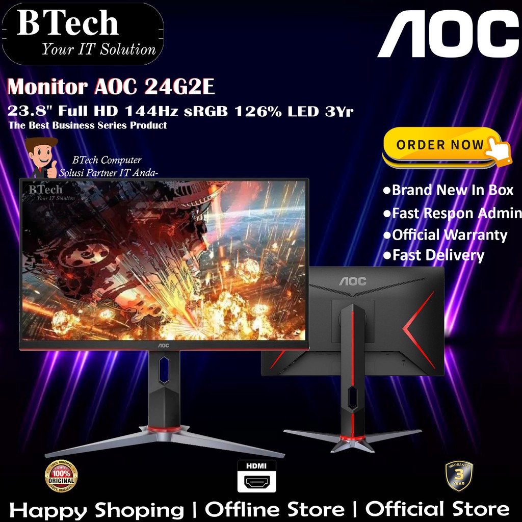 Monitor AOC 24G2E 23.8" Full HD 144Hz sRGB 126% LED 3Yr