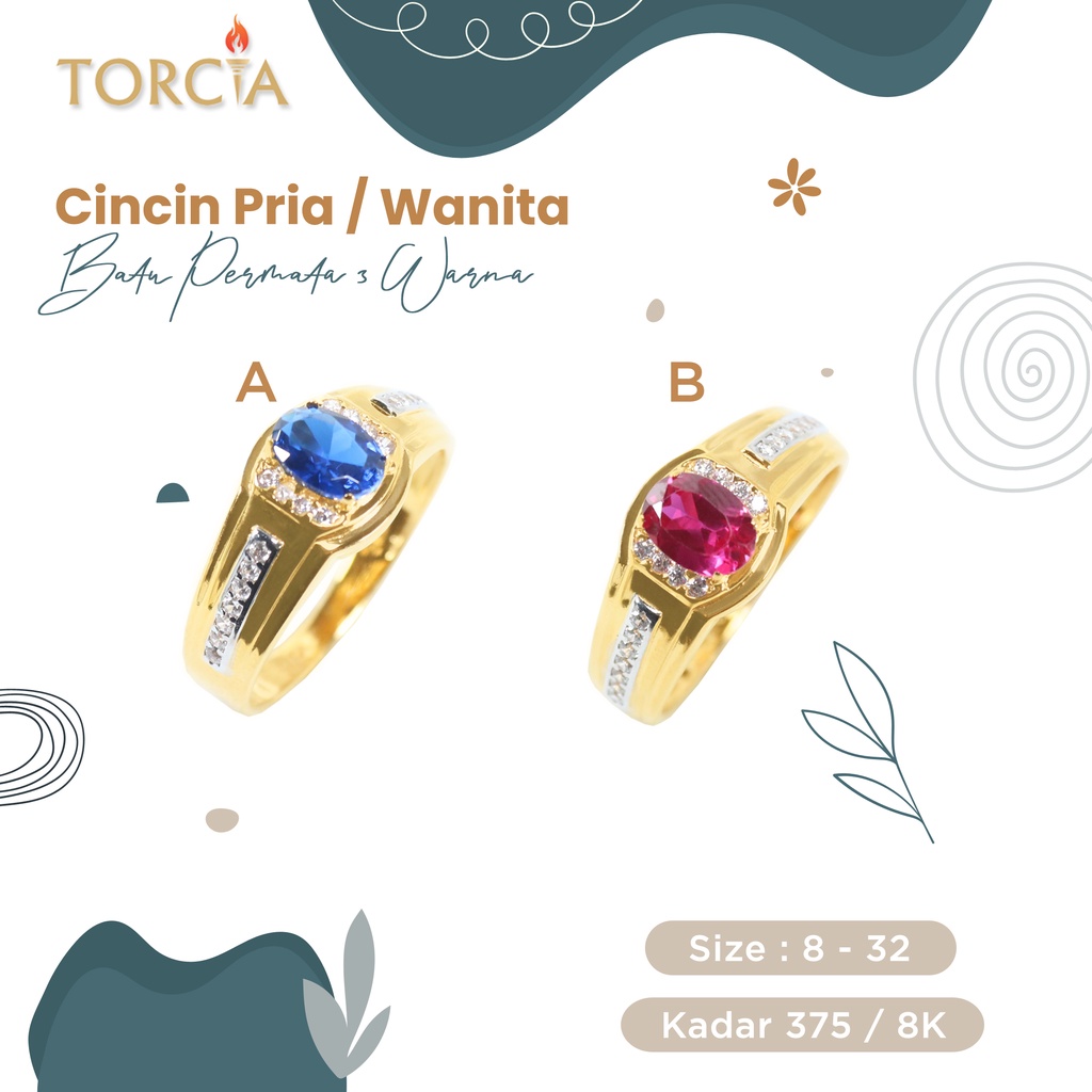 Cincin Pria / Wanita Emas Asli Batu Permata 3 Warna Kadar 375 Torcia