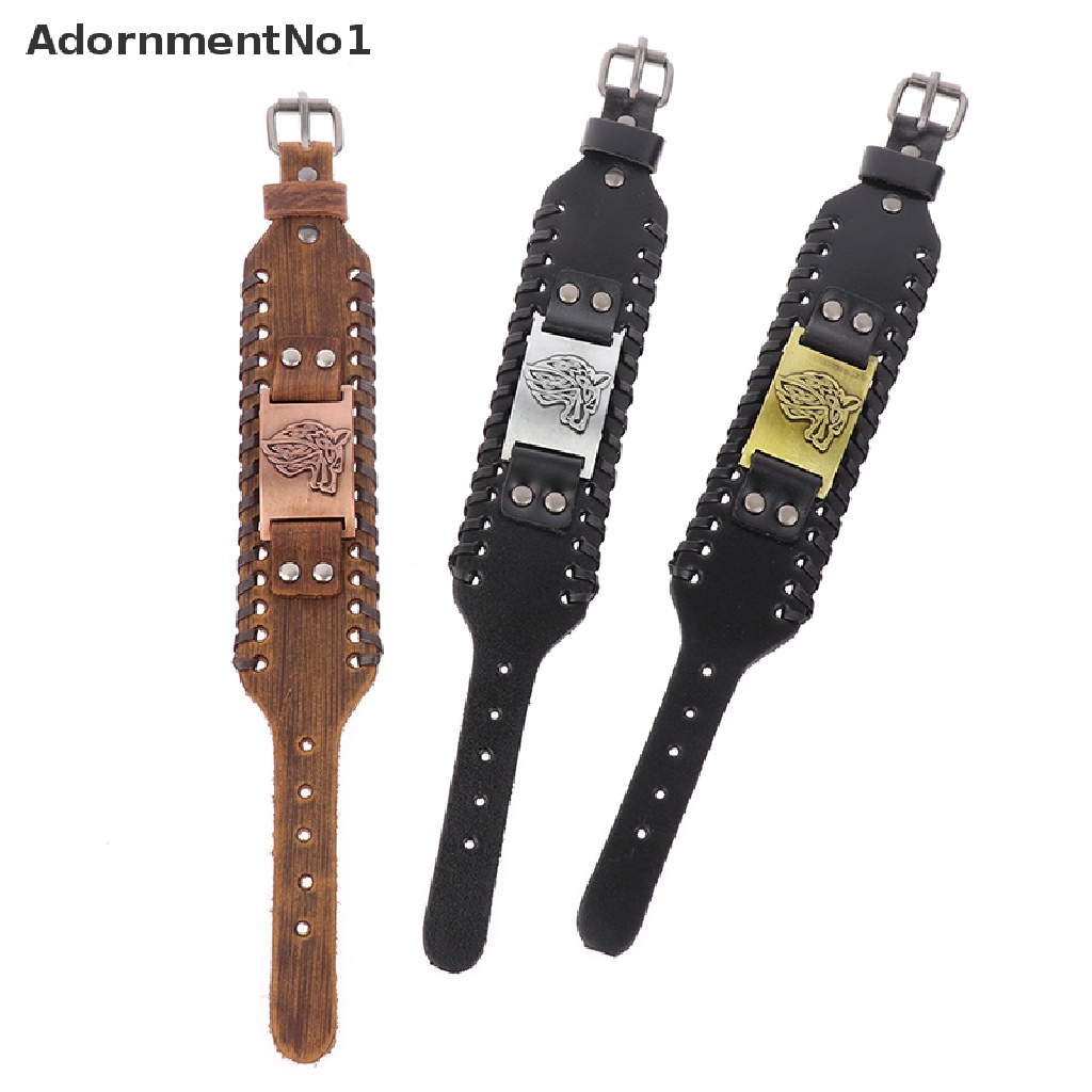 (AdornmentNo1) Gelang Tangan Kulit Lebar Adjustable Motif Kepala Serigala Gaya Punk Untuk Pria