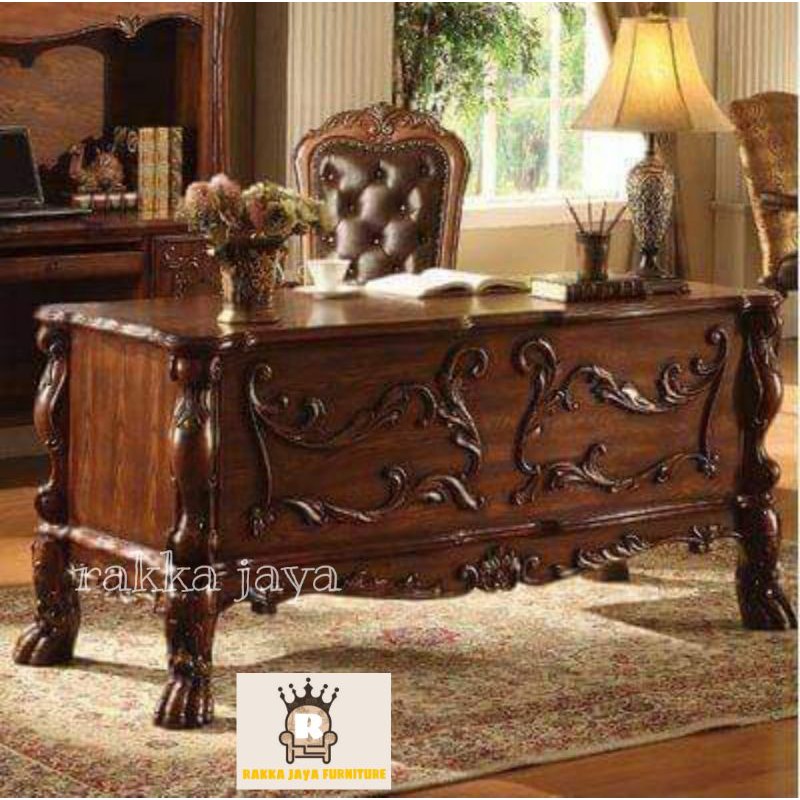 SET MEJA KANTOR UKIR FULL JATI ELEGAN/MEJA BELAJAR UKIR FULL JATI