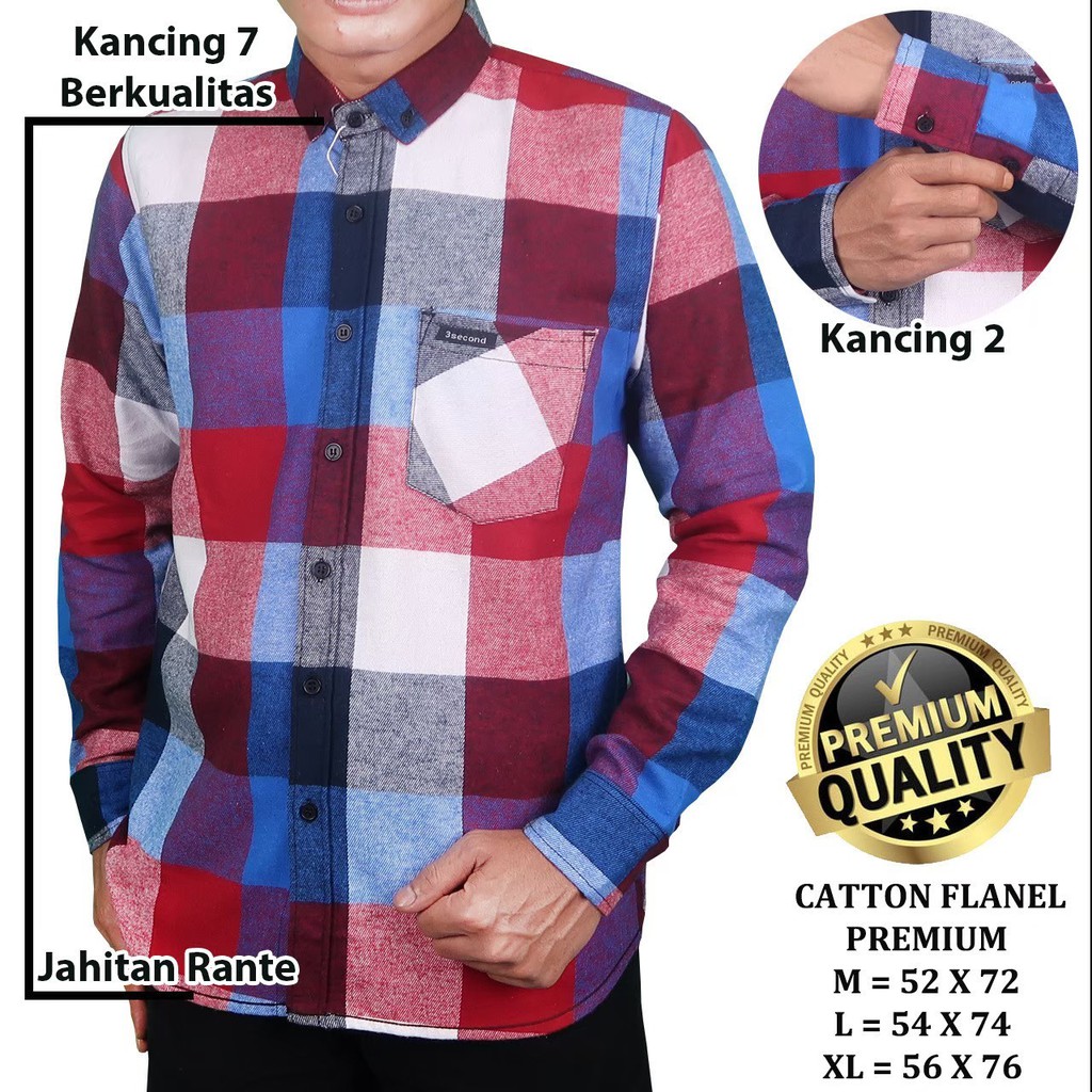 3second kemeja flanel distro pria lengan panjang kotak ...