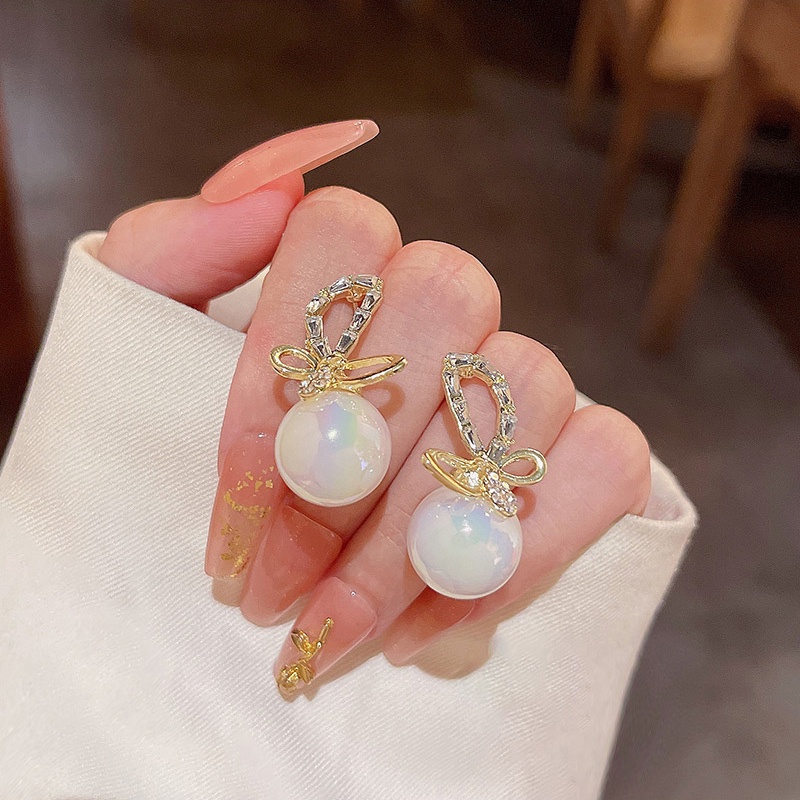 Anting Stud Desain Pita Aksen Mutiara Berlian Imitasi Bahan 925 silver needle