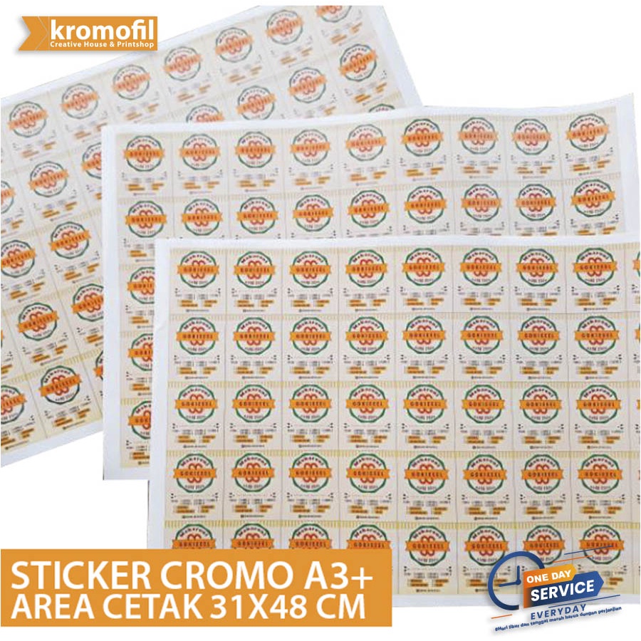 

Promo Cetak sticker label produk bahan cromo ukuran A3+ free cut