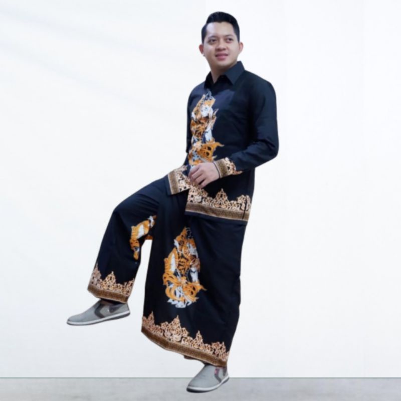 Kemeja Batik Pria Lengan Panjang Pendek Setelan Celana Sarung Cowok Dewasa Modern Motif Gatotkaca Hi