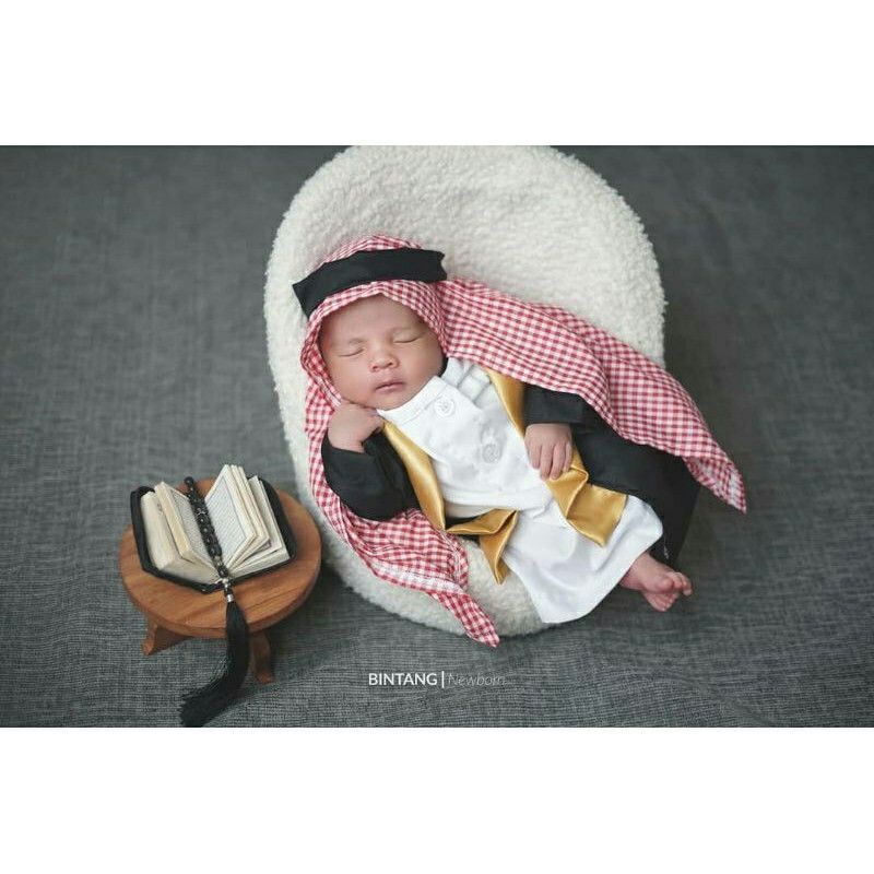 jubah bayi newborn kostum Arab properti photo shoot anak cowok sorban baju terusan