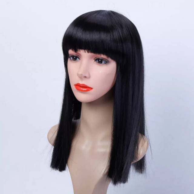 Wig sintetis lurus hitam sebahu wanita