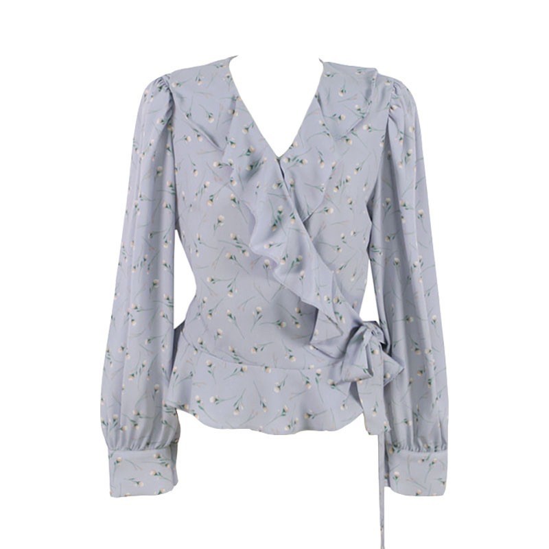 [CHARLOTTE]Blouse wanita atasan Korean Style lengan panjang pinggang ikat-4