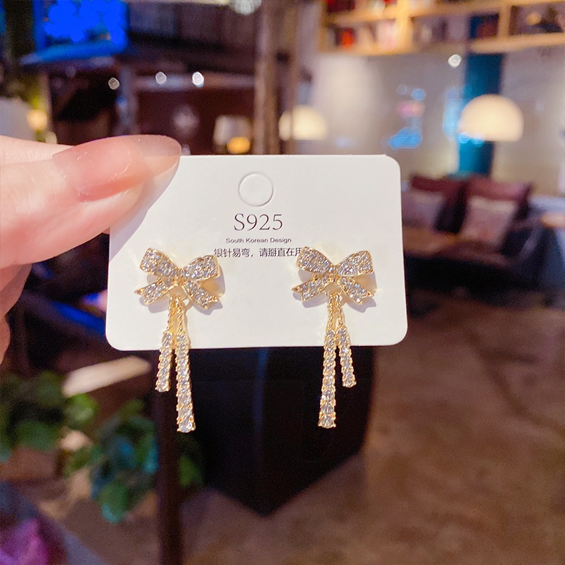 XiaoboACC Anting Tusuk Silver S925 Desain Pita Rumbai Hias Berlian Untuk Wanita