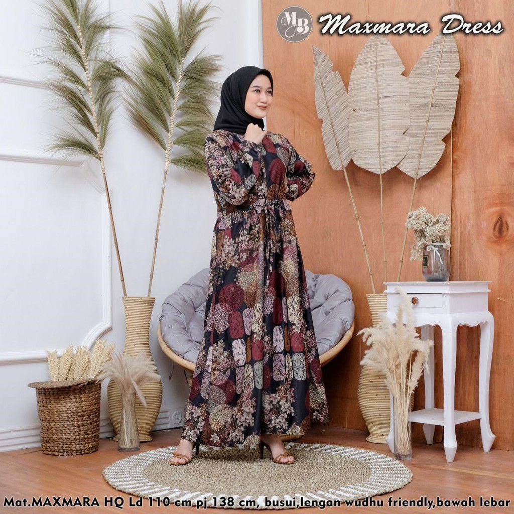 Maxmara Dress - Gamis Terbaru Maxmara Lux  Premium Dress Wanita Lengan Panjang Maxi Dress Kekinian LD 110 cm