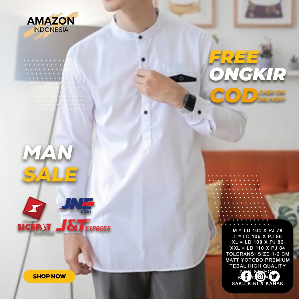 BAJU KOKO FASHION MUSLIM PRIA LENGAN PANJANG TRENDY CASUAL WHITE PUTIH KAIN KATUN TEBAL TOYOBO PREMIUM ORI