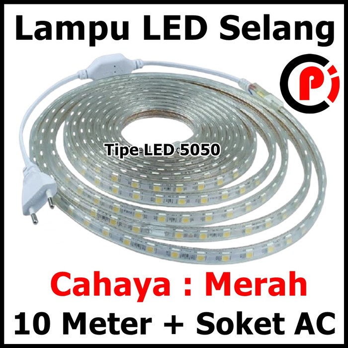 LED Selang 5050 Panjang 10 Meter 10M Plus Soket Colokan AC Warna Merah