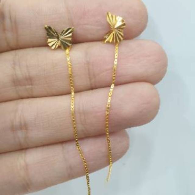 anting panjang emas asli kadar 700 model bunga 3