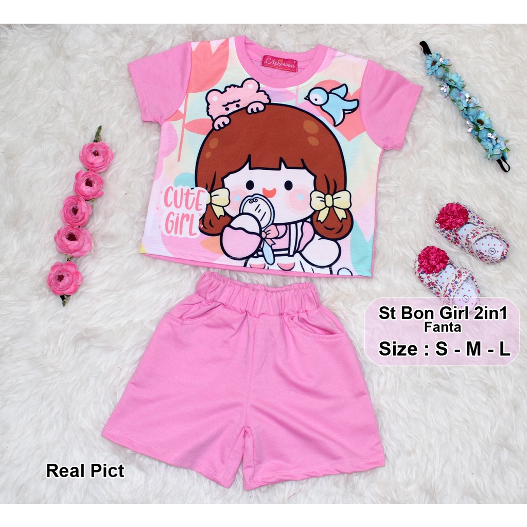 Set Bon Girl/Pakaian Anak Bayi Santai/Baju Anak Motif Karakter / Setelan Baju Dan Celana pendek