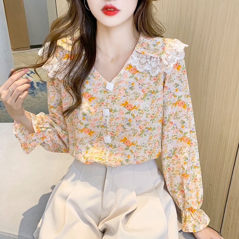 Fashion Korean Chiffon Floral Long Sleeve Shirts Orange Green Women Blouse Tops Pakaian Serban