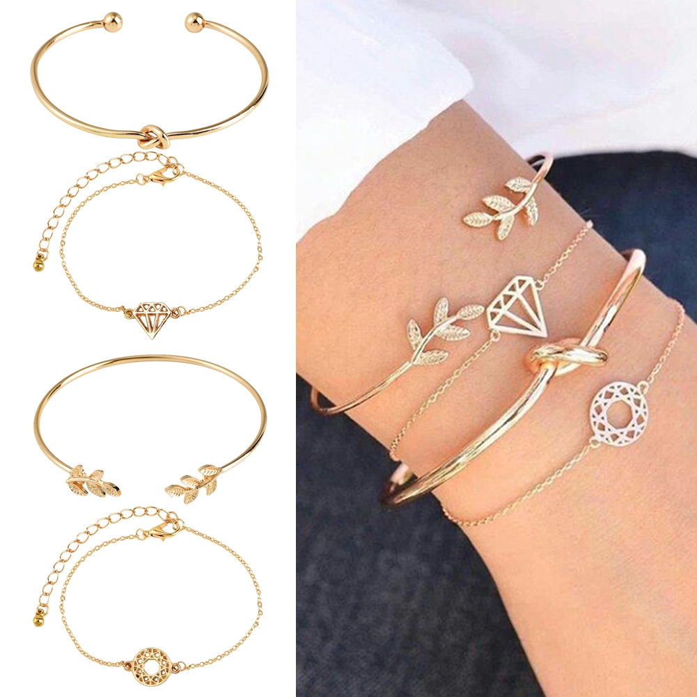  YIYE 4Pcs Set Gelang  Rantai  Warna Rose Gold Desain Daun 