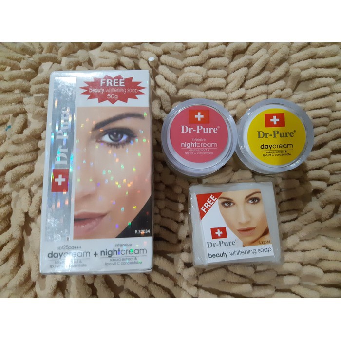 Dr Pure Whitening Cream Paket Komplit Day Night Krim FREE Facial Soap - Krim Siang Malam BONUS Sabun